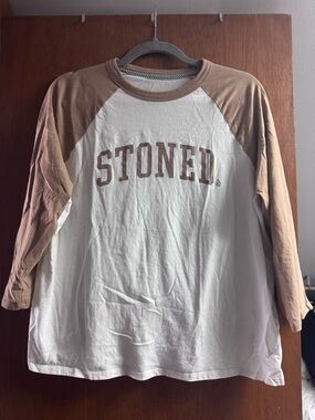 Volcom White and Tan 'STONED.' Raglan Long Sleeve Top